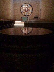 A crafted stone baptismal fountain in the sanctuary of Immanuel Lutheran Church. iPhone photo by DB Fraizer