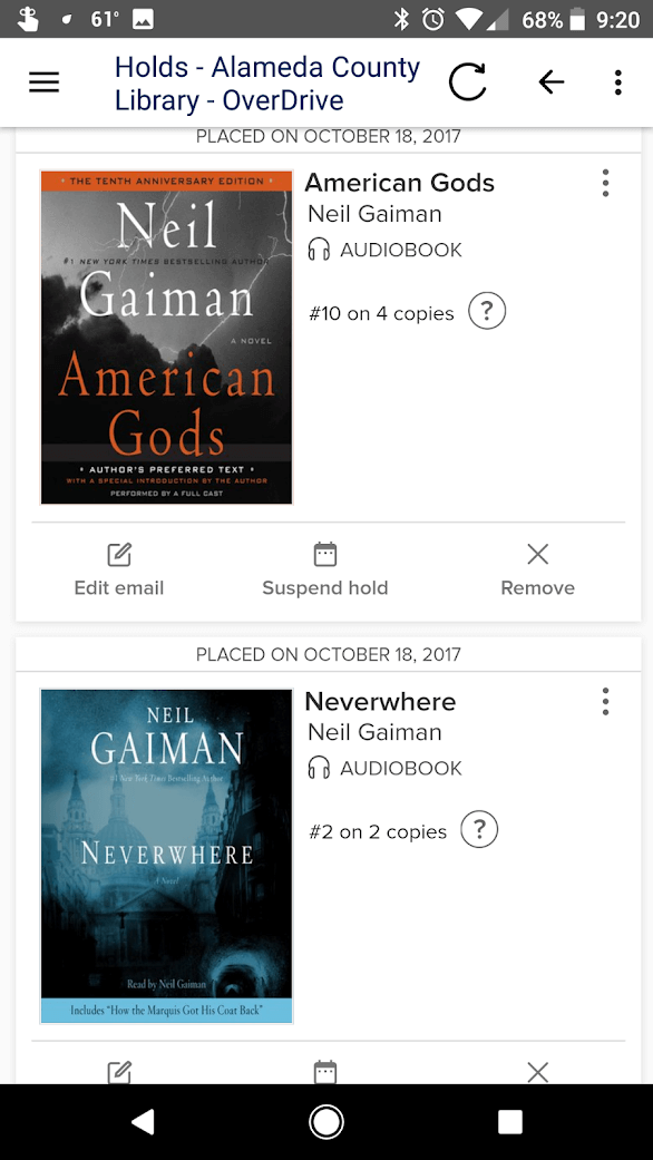 my first two neil gaiman audio book hold tries